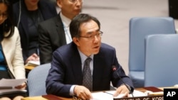 South Korea's United Nations Ambassador Cho Tae-yul speaks after a vote to adopt a new sanctions resolution against North Korea.