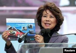 FILE - U.S. Secretary of Transportation Elaine Chao speaks ahead of Press Days of the North American International Auto Show at Cobo Center in Detroit, Michigan, Jan. 14, 2018.