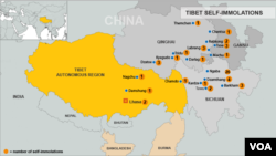 중국 내 티베트인 분신자살을 기록한 지도. (자료사진)