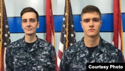 A photo combo of Aviation Boatswain's Mate (Equipment) Airman Matthew Chialastri (Left), assigned to USS Ronald Reagan (CVN 76), and Aviation Ordnanceman Airman Apprentice Bryan Grosso, assigned to USS Ronald Reagan (CVN 76). (U.S. Navy photo/Released)