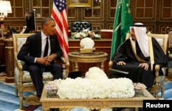 U.S. President Barack Obama meets with Saudi Arabia's King Salman at Erga Palace in Riyadh, Jan. 27, 2015.