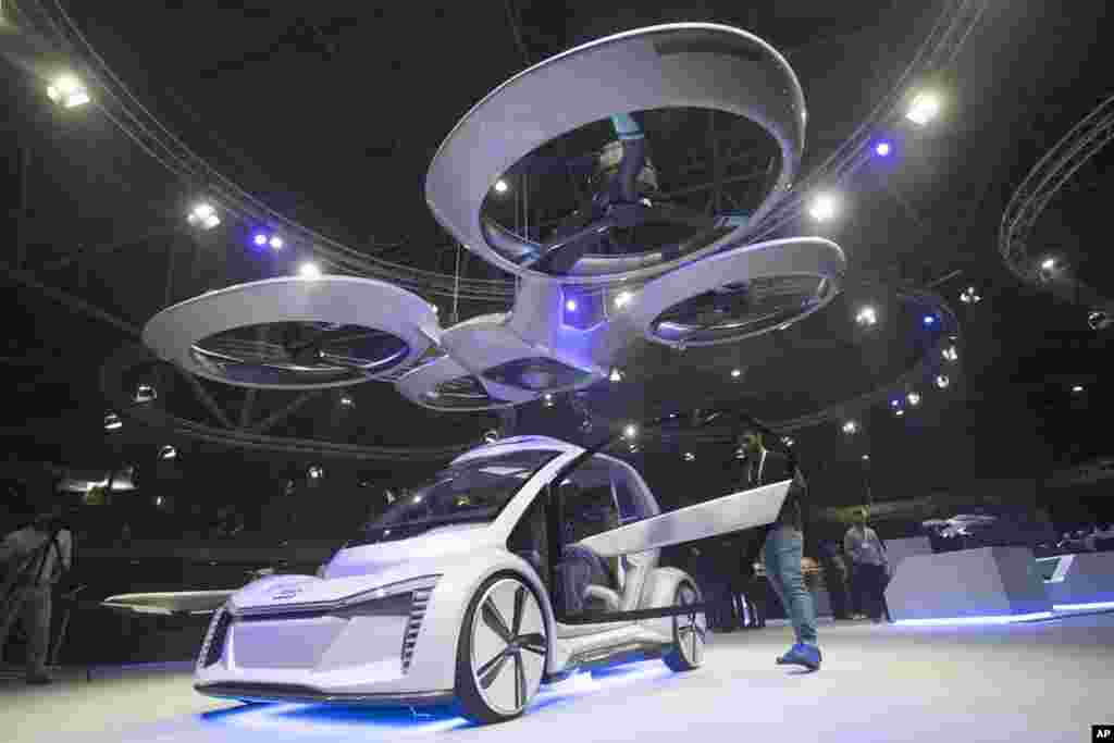 Pop.Up Next, a prototype designed by Audi, Airbus and Italdesign is displayed at the Amsterdam Drone Week in Amsterdam, Netherlands. The two-seater vehicle combines ground transportation with vertical take-off and landing capabilities.