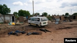 Slain bodies of civilians killed in renewed attacks lie along a road in Bentiu, Unity state of South Sudan, April 20, 2014.