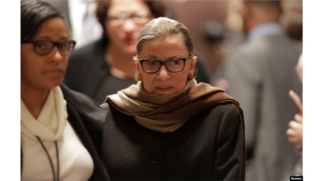FILE - U.S. Supreme Court Associate Justice Ruth Bader Ginsburg arrives to watch U.S. President Barack Obama's State of the Union address to a joint session of Congress in Washington, Jan. 12, 2016.