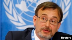 Yurii Klymenko, Ukraine's ambassador to the United Nations, attends a news conference on the situation in Ukraine at the United Nations in Geneva, April 15, 2014. 