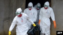 Medical workers of the Liberian Red Cross, wearing a protective suit, carry the body of a victim of the Ebola virus in a bag on Sept. 4, 2014 in the small city of Banjol, 30 kilometers from Monrovia. 