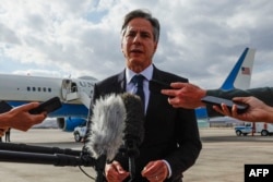 FILE —US Secretary of State Antony Blinken as he departs meetings from Ankara Esenboga Airport in Ankara, on November 6, 2023. The US has called for greater protection of and relief for civilians in the Israel-Hamas war.