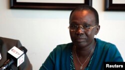 FILE - Angelina Teny, wife of South Sudan's rebel leader Riek Machar, addresses a news conference in Ethiopia's capital of Addis Ababa, Feb. 26, 2014.