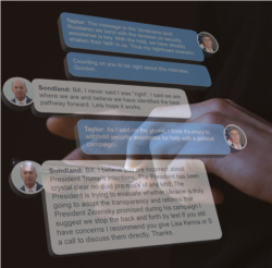 Texts between Gordon Sondland and William Taylor are superimposed over a hand holding a mobile phone.