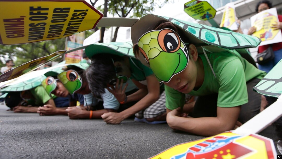 Para demonstran berkostum penyu laut saat melakukan protes di Konsulat China di Makati city, sebelah timur Manila, Filipina, Mei 2014 (Foto: dok).