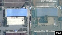 북한 평안남도 평성 소재 '3월16일 공장'을 지난해 4월 촬영한 '구글어스/DigitalGlobe' 제공 위성사진(왼쪽)과 지난해 11월 21일 촬영한 'TerraServer/DigitalGlobe' 제공 위성사진. ICBM 조립건물로 추정되는 시설이 새로 세워진 것을 알 수 있다.