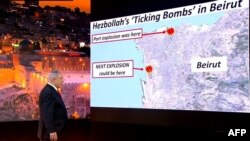 بنیامین نتانیاهو در جریان سخنرانی ویدئویی خود در مجمع عمومی سازمان ملل و اشاره به انبار مهمات حزب‌الله در بیروت