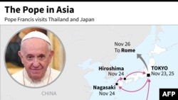 Carte indiquant l'itinéraire et les dates de la visite du pape François en Asie, du 19 au 26 novembre.