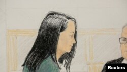 CFO Huawei Meng Wanzhou (kiri), dalam sidang dengar keterangan di Vancouver, British Columbia, Kanada (10/12). 