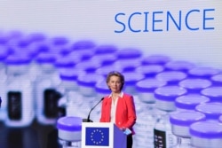 FILE - European Commission President Ursula von der Leyen addresses a press conference after a visit at Pfizer vaccine plant in Puurs, Belgium, Apr. 23, 2021.