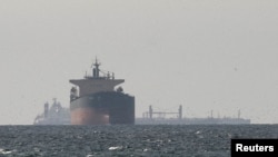 FILE PHOTO: Cargo ships in the Gulf, near the Strait of Hormuz