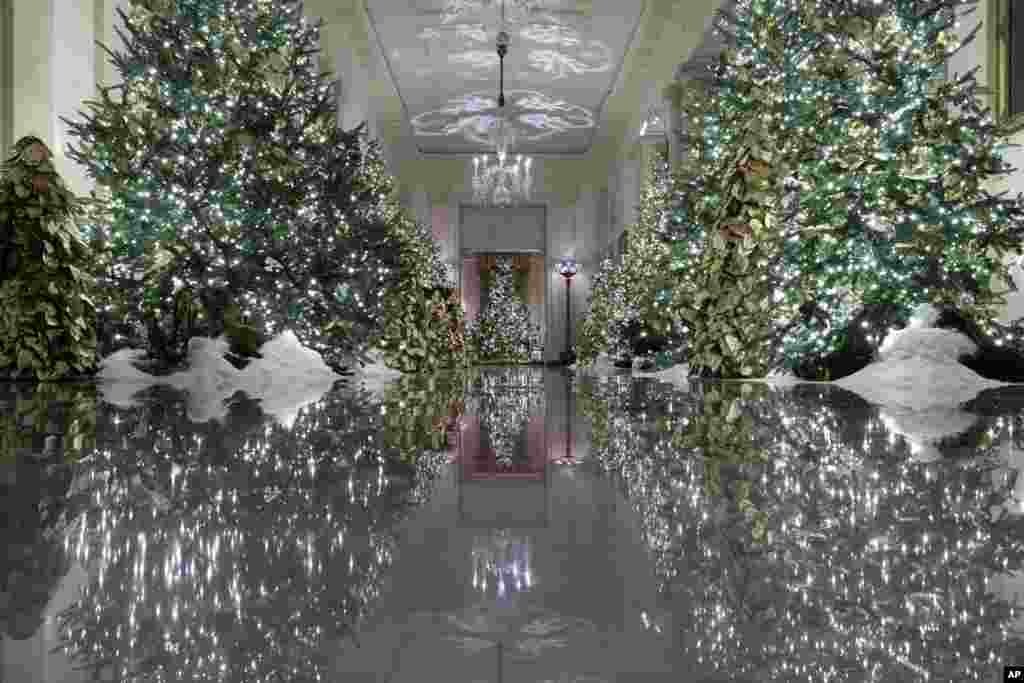 The Cross Hall leading into the State Dinning Room is seen during the 2019 Christmas preview at the White House in Washington, D.C.&nbsp;
