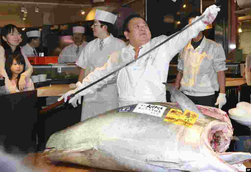 Kiyoshi Kimura, the owner of Japanese sushi restaurant chain Sushi Zanmai, prepares to cut the 180-kilogram (400-pound) bluefin tuna that he bought at the first auction of the year, at his restaurant near Tsukiji fish market in Tokyo, Japan.