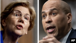 In this combination photo, Democratic Senator Elizabeth Warren speaks during a hearing on Capitol Hill in Washington, Nov. 30, 2021, and Democratic Senator Cory Booker speaks during a hearing on Capitol Hill in Washington, Jan. 27, 2021.