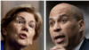 En esta foto combinada, la senadora demócrata Elizabeth Warren habla durante una audiencia en el Capitolio en Washington, el 30 de noviembre de 2021, y el senador demócrata Cory Booker habla durante una audiencia en el Capitolio en Washington, el 27 de enero de 2021.