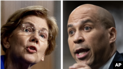 En esta foto combinada, la senadora demócrata Elizabeth Warren habla durante una audiencia en el Capitolio en Washington, el 30 de noviembre de 2021, y el senador demócrata Cory Booker habla durante una audiencia en el Capitolio en Washington, el 27 de enero de 2021.