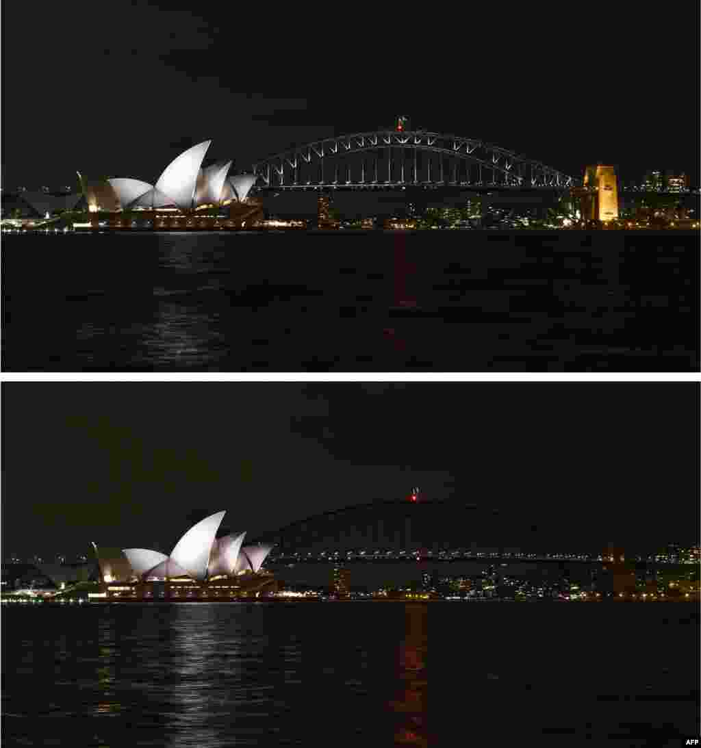 The Sydney Harbour Bridge is seen plunged into darkness for the Earth Hour environmental campaign, among the first landmarks around the world to dim their lights for the event. Lights will go out in some 7,000 cities and towns from New York to New Zealand for Earth Hour which this year aims to raise hundreds of thousands of dollars for green projects.