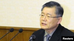 FILE - Lim Hyeon-soo speaks during a news conference at the People's Palace of Culture in Pyongyang, in this undated photo released by North Korea's Korean Central News Agency on July 30, 2015.