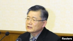 FILE - Lim Hyeon-soo speaks during a news conference at the People's Palace of Culture in Pyongyang, in this undated photo released by North Korea's Korean Central News Agency on July 30, 2015.