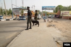 Police patrol the entrance gate of the university with sniffer dogs. No other public university in northeastern Nigeria has this level of security. (C. Oduah/VOA)