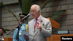 Britain's King Charles III delivers a speech during a visit to the United Nations Office in Nairobi, Kenya November 1, 2023.