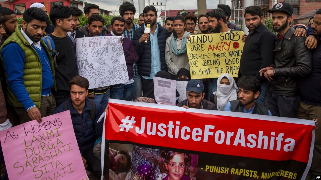 Students and others participate in a protest against the rape and murder of Asifa, an 8 year-old girl who was grazing her family's ponies on a chilly January day in the forests of the Himalayan foothills when she was kidnapped and her mutilated body found in the woods a week later, in Srinagar, India, April 11, 2018.