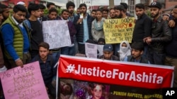 Students and others participate in a protest against the rape and murder of Asifa, an 8 year-old girl who was grazing her family's ponies on a chilly January day in the forests of the Himalayan foothills when she was kidnapped and her mutilated body found in the woods a week later, in Srinagar, India, April 11, 2018.