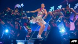 US singer Katy Perry performs during "Prismatic World tour" at the Arena Monterrey in Monterrey, Nuevo Leon State, Mexico, Oct. 14, 2014.