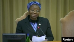 Sister Veronica Openibo speaks during the third day of the four-day meeting on the global sexual abuse crisis, at the Vatican, Feb. 23, 2019, in this screen grab taken from video.