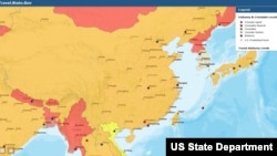 美國國務院目前為旅行者顯示使館和領事服務的世界地圖從文字體例來看並未把台灣列為從屬於中國。