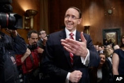 Deputy Attorney General-designate, federal prosecutor Rod Rosenstein, arrives on Capitol Hill in Washington, March 7, 2017, to testify at his confirmation hearing before the Senate Judiciary Committee.