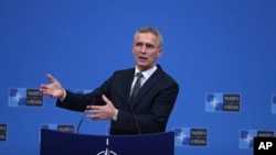 NATO Secretary General Jens Stoltenberg speaks during a media conference at NATO headquarters in Brussels, Dec. 3, 2018. 