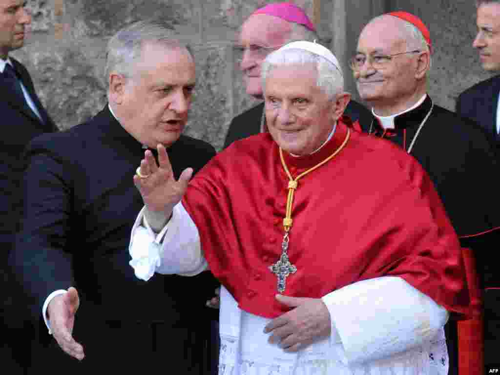 FILE - Pope Benedict XVI delivers his blessing as he leaves Palermo's Cathedral after meeting the city's clergy, in the island of Sicily, Sunday, Oct. 3, 2010. Benedict outlined his biggest initiative yet Tuesday Oct 12 2010 to try to revive Christianit