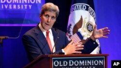 U.S. Secretary of State John Kerry speaks on the impact of climate change at Old Dominion University in Norfolk, Va., Nov. 10, 2015. 