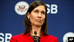 FILE - National Transportation Safety Board Chairman Deborah Hersman speaks to the media during a break in an investigative hearing on the crash landing of Asiana Airlines Flight 214, in Washington, D.C., December 2013.