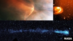 Other stars show tails that trail behind them like a comet's tail. NASA's Interstellar Boundary Explorer helped confirm that our solar system has one too. From top left and going counter clockwise, the stars shown are: LLOrionis; BZ Cam; and Mira (NASA/HST/R.Casalegno/GALEX)