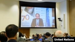 Zeid Ra'ad Al Hussein of the Office of the U.N. High Commissioner for Human Rights speaks at the meeting of the Committee on the Exercise of the Inalienable Rights of the Palestinian People, July 23, 2018.