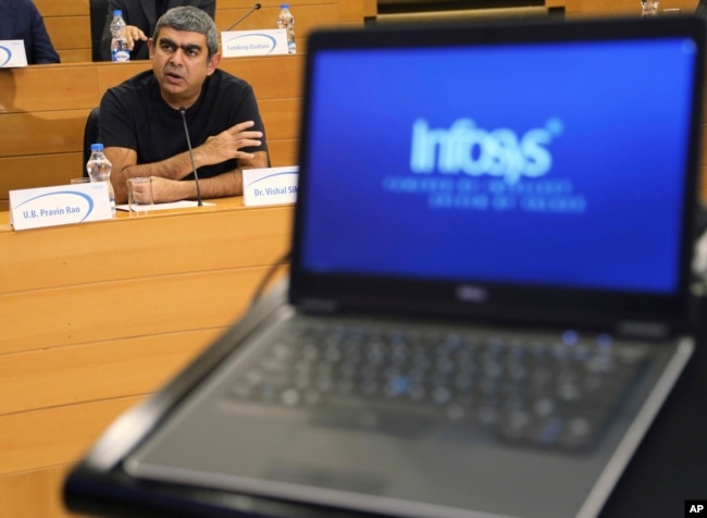 FILE - Infosys CEO Vishal Sikka speaks during a press conference after announcing the company's quarterly financial results at its headquarters in Bangalore, India, July 15, 2016.