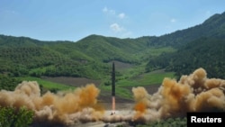 North Korea launched the Hwasong-14 missile test on July 4, 2017. Photo released by North Korea's Korean Central News Agency (KCNA) in Pyongyang, July, 4 2017