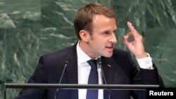 France's President Emmanuel Macron addresses the 73rd session of the United Nations General Assembly at U.N. headquarters in New York, Sept. 25, 2018. 