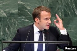 France's President Emmanuel Macron addresses the 73rd session of the General Assembly at U.N. headquarters in New York, Sept. 25, 2018.