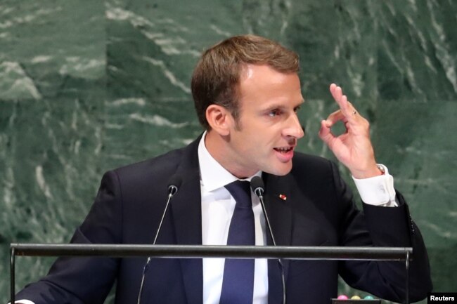 France's President Emmanuel Macron addresses the 73rd session of the General Assembly at U.N. headquarters in New York, Sept. 25, 2018.