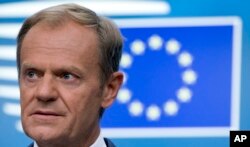 European Council President Donald Tusk speaks during a media conference at an EU summit in Brussels, June 29, 2018.