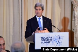 U.S. Secretary of State John Kerry delivers remarks at a working dinner that he co-hosted with U.S. Energy Secretary Dr. Ernest Moniz for the 2016 Nuclear Security Summit at the U.S. Department of State in Washington, D.C., on March 31, 2016.