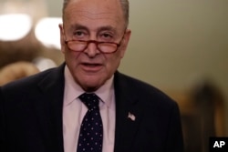 Senate Minority Leader Chuck Schumer, D-N.Y., speaks to reporters at the Capitol in Washington, Jan. 29, 2019.